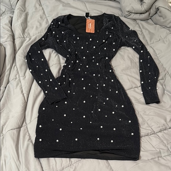 SHEIN Black and White Embellished Ribbed Bodycon Dress - Picture 1 of 4